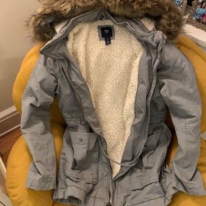 Gap Grey Cozy Jacket with Fur Hood, size small, gently used - looks new!